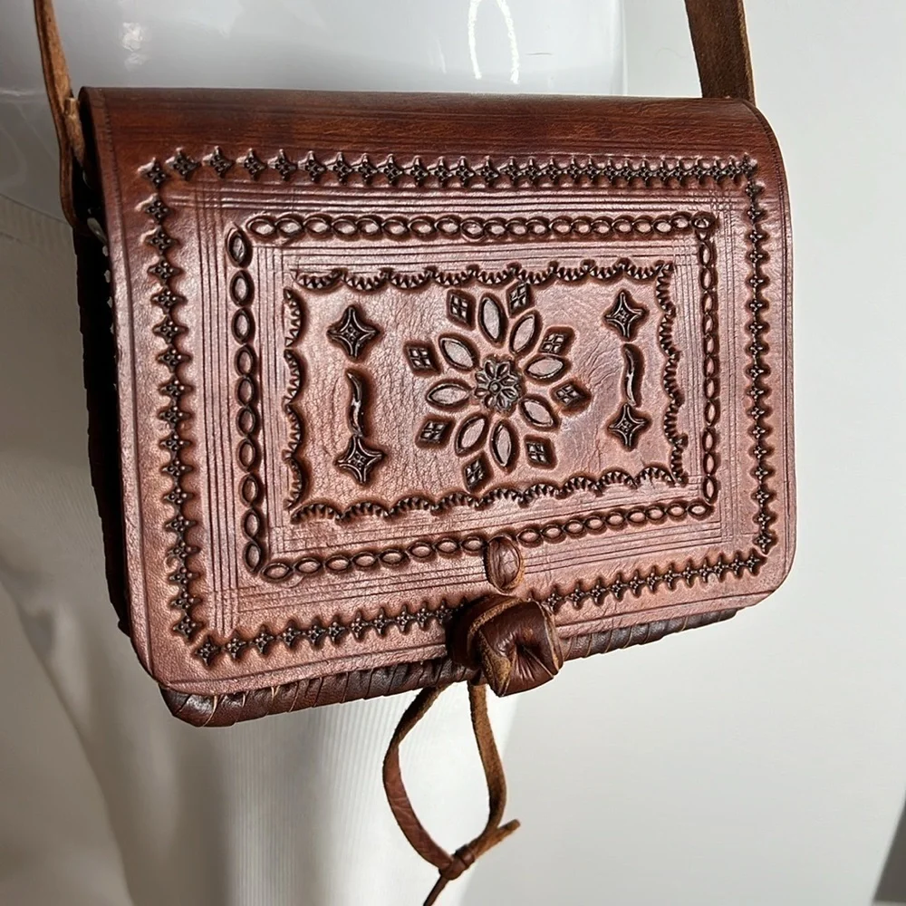 Morocco Sahara Bohemian Hand Tooled Leather Double Compartment Crossbody Bag